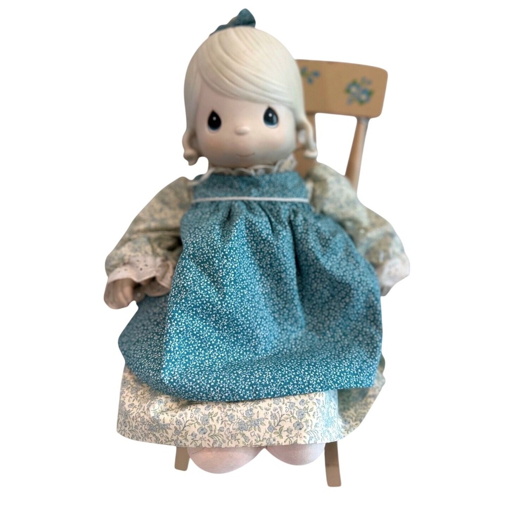Precious Moments Doll with Rocking‎ Chair Teal Floral Dress Vintage